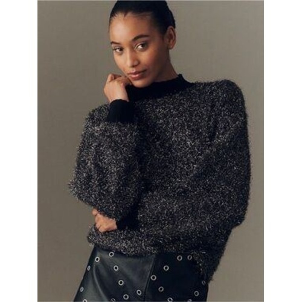 Maeve Mock Neck Sparkle Sweater M Black Silver Metallic Tinsel Anthro Party Glam